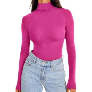 imageREORIA Womens Long Sleeve Mock Turtle Neck Tops Fall Winter Basic Double Lined Layering Lightweight Slim Fitted ShirtsHot Pink