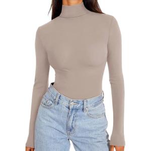 imageREORIA Womens Long Sleeve Mock Turtle Neck Tops Fall Winter Basic Double Lined Layering Lightweight Slim Fitted ShirtsLight Brown