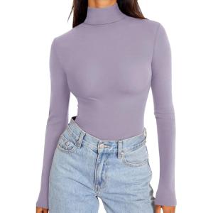 imageREORIA Womens Long Sleeve Mock Turtle Neck Tops Fall Winter Basic Double Lined Layering Lightweight Slim Fitted ShirtsPurple