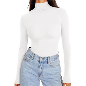 imageREORIA Womens Long Sleeve Mock Turtle Neck Tops Fall Winter Basic Double Lined Layering Lightweight Slim Fitted ShirtsWhite