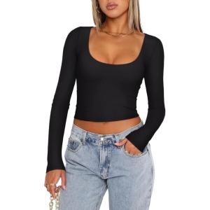 imageREORIA Womens Long Sleeve Scoop Neck Shirts Slim Double Lined Fashion Layering Fall Basic Crop TopsBlack