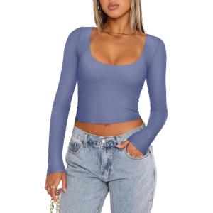 imageREORIA Womens Long Sleeve Scoop Neck Shirts Slim Double Lined Fashion Layering Fall Basic Crop TopsBlue Nova