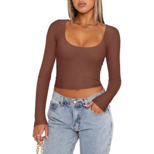 imageREORIA Womens Long Sleeve Scoop Neck Shirts Slim Double Lined Fashion Layering Fall Basic Crop TopsCoffee
