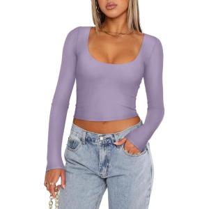 imageREORIA Womens Long Sleeve Scoop Neck Shirts Slim Double Lined Fashion Layering Fall Basic Crop TopsHazy Lilac