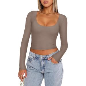 imageREORIA Womens Long Sleeve Scoop Neck Shirts Slim Double Lined Fashion Layering Fall Basic Crop TopsLight Coffee