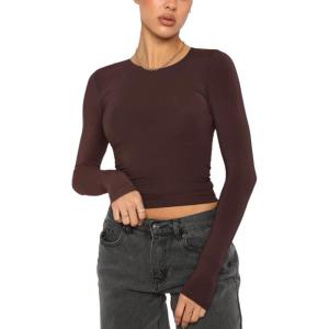 imageREORIA Womens Sexy Crew Neck Long Sleeve Basic Layering T Shirts Slim Fitted Lightweight Y2K Going Out Crop TopCocoa