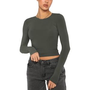 imageREORIA Womens Sexy Crew Neck Long Sleeve Basic Layering T Shirts Slim Fitted Lightweight Y2K Going Out Crop TopGrey Green