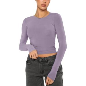 imageREORIA Womens Sexy Crew Neck Long Sleeve Basic Layering T Shirts Slim Fitted Lightweight Y2K Going Out Crop TopHazy Lilac