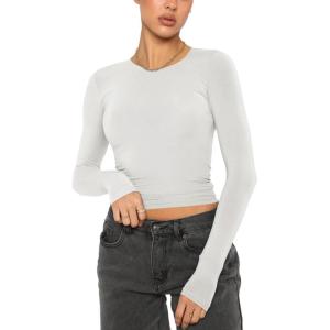 imageREORIA Womens Sexy Crew Neck Long Sleeve Basic Layering T Shirts Slim Fitted Lightweight Y2K Going Out Crop TopLight Grey