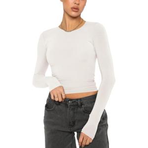 imageREORIA Womens Sexy Crew Neck Long Sleeve Basic Layering T Shirts Slim Fitted Lightweight Y2K Going Out Crop TopOffoffwhite