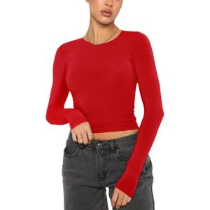 imageREORIA Womens Sexy Crew Neck Long Sleeve Basic Layering T Shirts Slim Fitted Lightweight Y2K Going Out Crop TopRed