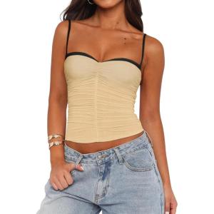 imageREORIA Womens Sexy Sweetheart Neck Going Out Tank Top Adjustable Spaghetti Straps Mesh Ruched Cami Tank Y2k Summer OutfitsCream