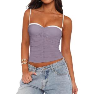 imageREORIA Womens Sexy Sweetheart Neck Going Out Tank Top Adjustable Spaghetti Straps Mesh Ruched Cami Tank Y2k Summer OutfitsHazy Lilac