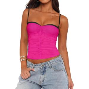 imageREORIA Womens Sexy Sweetheart Neck Going Out Tank Top Adjustable Spaghetti Straps Mesh Ruched Cami Tank Y2k Summer OutfitsNeon Rose Red