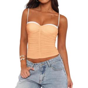 imageREORIA Womens Sexy Sweetheart Neck Going Out Tank Top Adjustable Spaghetti Straps Mesh Ruched Cami Tank Y2k Summer OutfitsPeach Fuzz