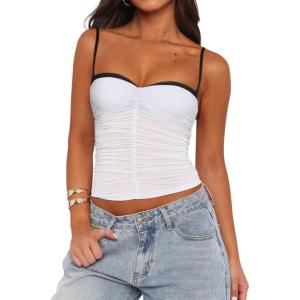 imageREORIA Womens Sexy Sweetheart Neck Going Out Tank Top Adjustable Spaghetti Straps Mesh Ruched Cami Tank Y2k Summer OutfitsWhite