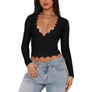 imageREORIA Womens Sexy VNeck Long Sleeve Shirts Double Lined Slim Fitted Trendy Lace Y2K Going Out Crop TopBlack