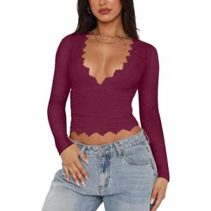 imageREORIA Womens Sexy VNeck Long Sleeve Shirts Double Lined Slim Fitted Trendy Lace Y2K Going Out Crop TopBurdundy