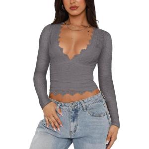 imageREORIA Womens Sexy VNeck Long Sleeve Shirts Double Lined Slim Fitted Trendy Lace Y2K Going Out Crop TopDeep Grey