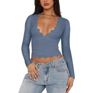 imageREORIA Womens Sexy VNeck Long Sleeve Shirts Double Lined Slim Fitted Trendy Lace Y2K Going Out Crop TopDove Blue