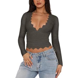 imageREORIA Womens Sexy VNeck Long Sleeve Shirts Double Lined Slim Fitted Trendy Lace Y2K Going Out Crop TopGrey Green