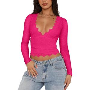 imageREORIA Womens Sexy VNeck Long Sleeve Shirts Double Lined Slim Fitted Trendy Lace Y2K Going Out Crop TopNeon Rose Red