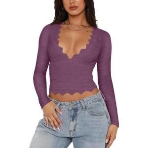 imageREORIA Womens Sexy VNeck Long Sleeve Shirts Double Lined Slim Fitted Trendy Lace Y2K Going Out Crop TopPurple