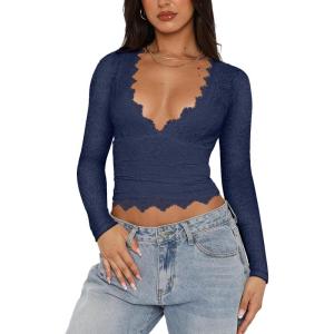 imageREORIA Womens Sexy VNeck Long Sleeve Shirts Double Lined Slim Fitted Trendy Lace Y2K Going Out Crop TopStarry Blue