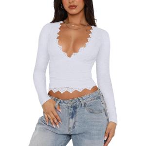 imageREORIA Womens Sexy VNeck Long Sleeve Shirts Double Lined Slim Fitted Trendy Lace Y2K Going Out Crop TopWhite