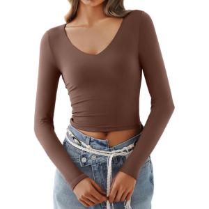 imageREORIA Womens V Neck Long Sleeve Slim Fitted Crop Tops Soft Layering Basic Shirt 2024 Fall Going Out TopCoffee