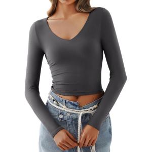 imageREORIA Womens V Neck Long Sleeve Slim Fitted Crop Tops Soft Layering Basic Shirt 2024 Fall Going Out TopDeep Grey