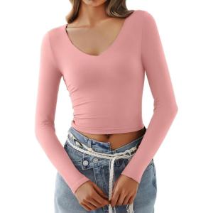 imageREORIA Womens V Neck Long Sleeve Slim Fitted Crop Tops Soft Layering Basic Shirt 2024 Fall Going Out TopPink