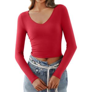 imageREORIA Womens V Neck Long Sleeve Slim Fitted Crop Tops Soft Layering Basic Shirt 2024 Fall Going Out TopRed