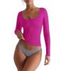 imageREORIA Womens Basic Square Neck Long Sleeve Shirts Double Lined Tops Tight Shirts Fall Outfits 2025Neon Rose Red