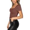 imageREORIA Womens Cute Ruched Sweetheart Neck Short Sleeve Going Out Y2K Trendy T Shirts Crop Tops TeesCoffee
