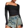 imageREORIA Womens Off The Shoulder Tops Double Lined Tight Long Sleeve Shirt Ruched Mesh Crop Top Y2k Going Out TopsBlack