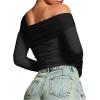imageREORIA Womens Off The Shoulder Tops Double Lined Tight Long Sleeve Shirt Ruched Mesh Crop Top Y2k Going Out TopsBlack