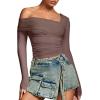 imageREORIA Womens Off The Shoulder Tops Double Lined Tight Long Sleeve Shirt Ruched Mesh Crop Top Y2k Going Out TopsLatte
