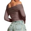 imageREORIA Womens Off The Shoulder Tops Double Lined Tight Long Sleeve Shirt Ruched Mesh Crop Top Y2k Going Out TopsLatte