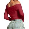 imageREORIA Womens Off The Shoulder Tops Double Lined Tight Long Sleeve Shirt Ruched Mesh Crop Top Y2k Going Out TopsRed