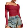 imageREORIA Womens Off The Shoulder Tops Double Lined Tight Long Sleeve Shirt Ruched Mesh Crop Top Y2k Going Out TopsRed