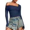 imageREORIA Womens Off The Shoulder Tops Double Lined Tight Long Sleeve Shirt Ruched Mesh Crop Top Y2k Going Out TopsStarry Blue
