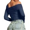 imageREORIA Womens Off The Shoulder Tops Double Lined Tight Long Sleeve Shirt Ruched Mesh Crop Top Y2k Going Out TopsStarry Blue