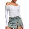 imageREORIA Womens Off The Shoulder Tops Double Lined Tight Long Sleeve Shirt Ruched Mesh Crop Top Y2k Going Out TopsWhite