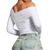 imageREORIA Womens Off The Shoulder Tops Double Lined Tight Long Sleeve Shirt Ruched Mesh Crop Top Y2k Going Out TopsWhite