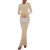 imageREORIA Womens Sexy Crew Neck Lounge Long Dress Elegant Long Sleeve Ribbed Bodycon Maxi DressesKhaki