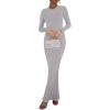 imageREORIA Womens Sexy Crew Neck Lounge Long Dress Elegant Long Sleeve Ribbed Bodycon Maxi DressesLight Grey