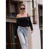 imageREORIA Womens Sexy Off Shoulder Long Sleeve Basic Shirts Double Lined Slim Fitted Trendy Lightweight Y2K Going Out Crop TopBlack