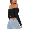 imageREORIA Womens Sexy Off Shoulder Long Sleeve Basic Shirts Double Lined Slim Fitted Trendy Lightweight Y2K Going Out Crop TopBlack