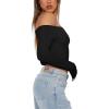 imageREORIA Womens Sexy Off Shoulder Long Sleeve Basic Shirts Double Lined Slim Fitted Trendy Lightweight Y2K Going Out Crop TopBlack